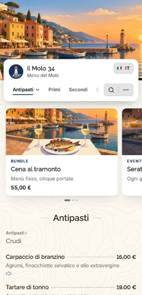 Il menù «Il Molo 34» sul telefono: la copertina del locale, le categorie e i primi piatti con i prezzi.
